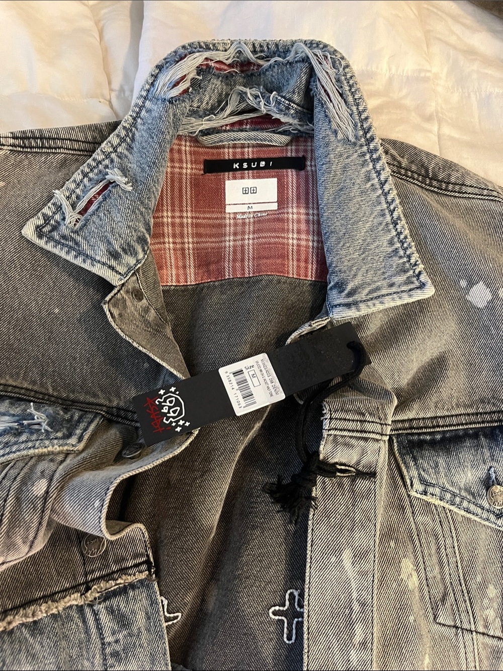 Ksubi X Juice World 999 Men’s Washed Gray Denim Jacket with Red Plaid Lining